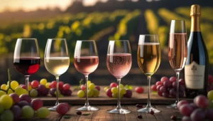 A beautifully arranged display of different types of wine in their ideal glasses, including red wine, white wine, rosé, sparkling Champagne, and dessert wine, set on a rustic wooden table with grapes and a vineyard background.