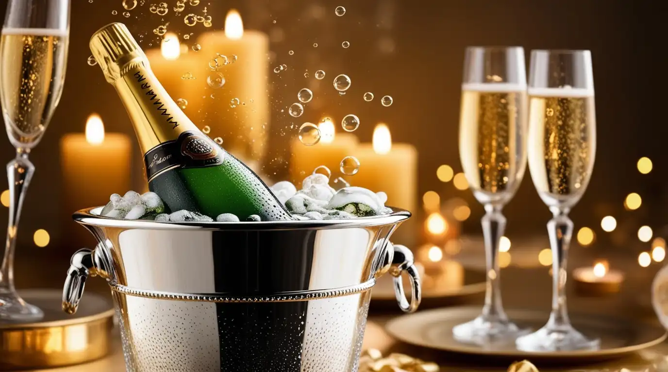 A chilled Champagne bottle in an ice bucket, with crystal flutes filled with sparkling wine, set against a warm, candlelit celebration background.