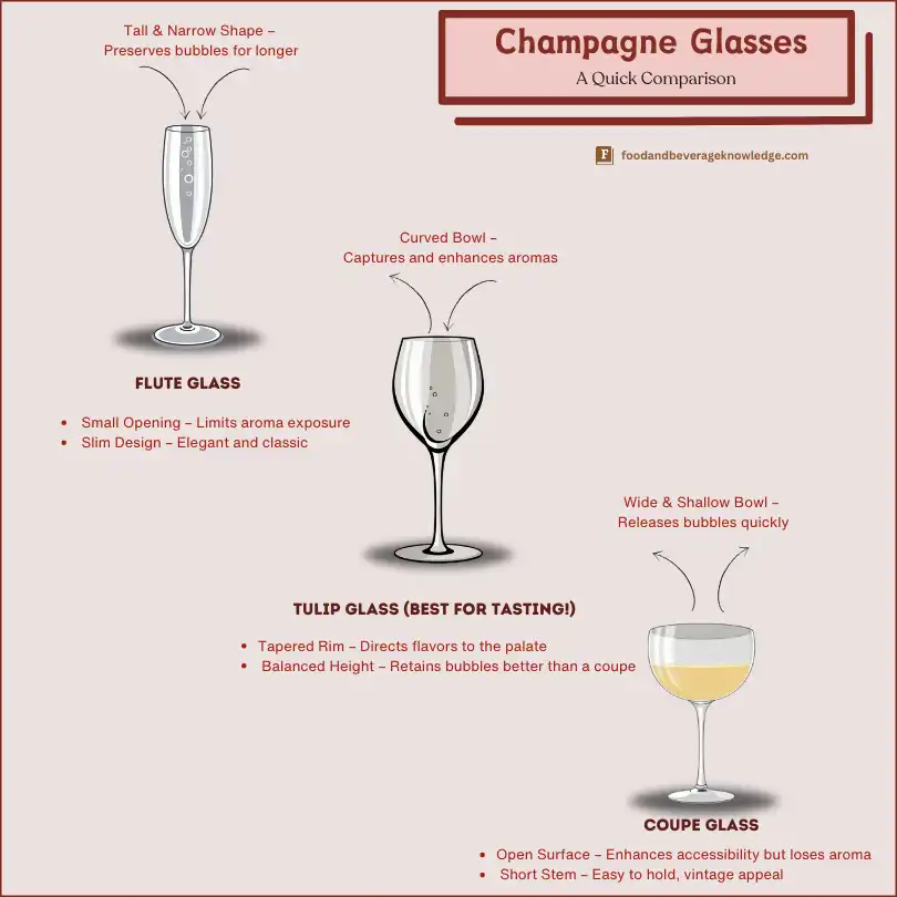 An infographic comparing Champagne glass types—Flute, Coupe, and Tulip—highlighting their shape, pros, and cons for enhancing aroma, bubbles, and flavor retention.