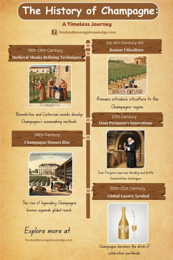 A historical timeline infographic of Champagne, featuring key moments from Roman vineyards, medieval monks, Dom Pérignon’s innovations, the rise of 19th-century Champagne houses, and modern global recognition.