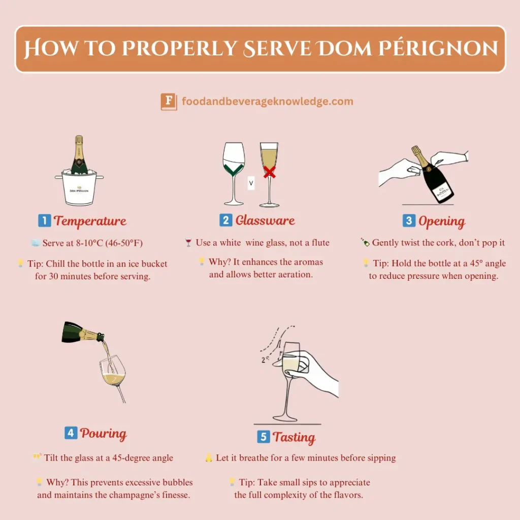 Step-by-step guide on how to properly serve Dom Pérignon Champagne. Features five key steps: ideal serving temperature (8-10°C), using a white wine glass instead of a flute, gently twisting the cork to open, tilting the glass at a 45-degree angle while pouring, and letting the champagne breathe before tasting. Elegant gold and black vector-style illustrations for a premium feel.