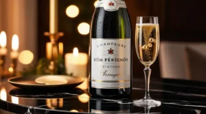 A bottle of Dom Pérignon Vintage Champagne with a crystal flute, elegantly placed on a marble surface with soft golden candlelight in the background.