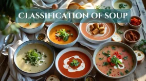 Flat lay of various soups, including clear consommé, creamy tomato soup, bisque, and gazpacho, served in elegant bowls with fresh garnishes, surrounded by vegetables, herbs, and bread on a rustic wooden table, representing soup classifications."