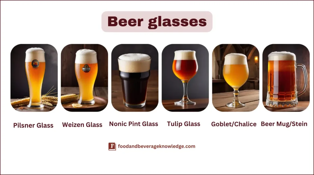 Infographic showing different types of beer glasses: Pilsner Glass, Weizen Glass, Nonic Pint Glass, Tulip Glass, Goblet/Chalice, and Beer Mug/Stein