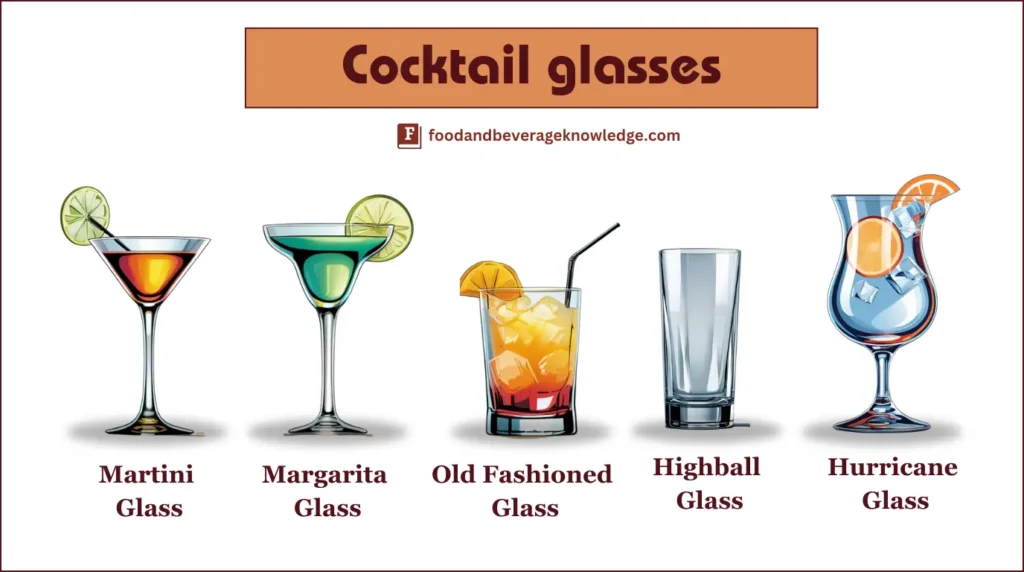 Infographic showing different types of cocktail glasses: Martini Glass, Margarita Glass, Old Fashioned Glass, Highball Glass, and Hurricane Glass