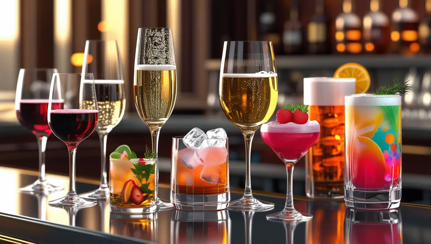 Various types of glassware used in food and beverage service, including wine glasses, champagne flutes, beer mugs, and cocktail glasses, elegantly arranged on a polished bar counter in a fine-dining setting."