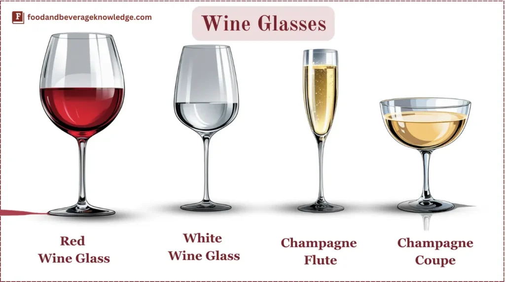 Infographic showing different types of wine glasses: Red Wine Glass, White Wine Glass, Champagne Flute, and Champagne Coupe