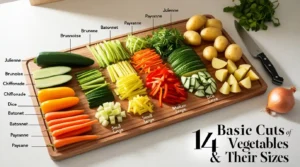 A wooden cutting board displaying 14 different vegetable cuts, including julienne, brunoise, chiffonade, and dice, arranged with labels and fresh vegetables like carrots, potatoes, and bell peppers