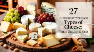 A beautifully arranged cheese platter showcasing 27 different types of cheese from around the world, including cheddar, brie, gouda, and blue cheese, accompanied by grapes, nuts, and bread on a rustic wooden board.