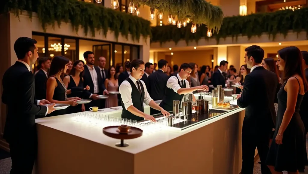 Banquet bar setup at a luxury hotel event, with formal-dressed bartenders serving drinks to guests in a ballroom or garden venue. Modular bar counter styled to match the event theme, surrounded by ice bins, glassware, and pre-batched cocktail stations. A lively, upscale atmosphere with ambient lighting and celebratory décor.