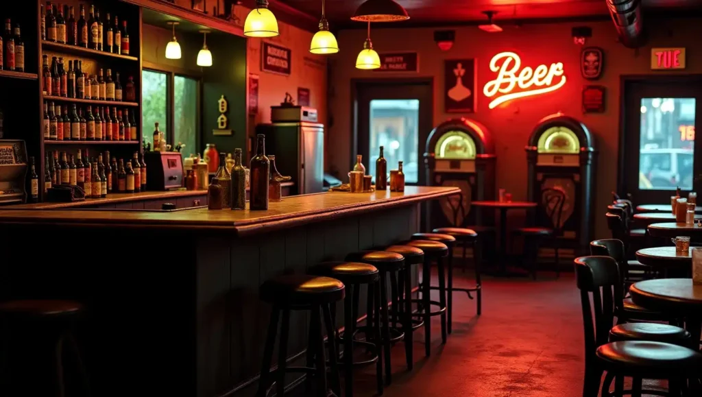 Dimly lit dive bar with worn wooden bar, neon beer signs, mismatched furniture, and scuffed floors. Patrons in casual wear drink bottled beer at the bar. Walls decorated with vintage posters and jukebox. Gritty, nostalgic atmosphere with a raw, lived-in charm. Photo-realistic style emphasizing authenticity and community vibe.
