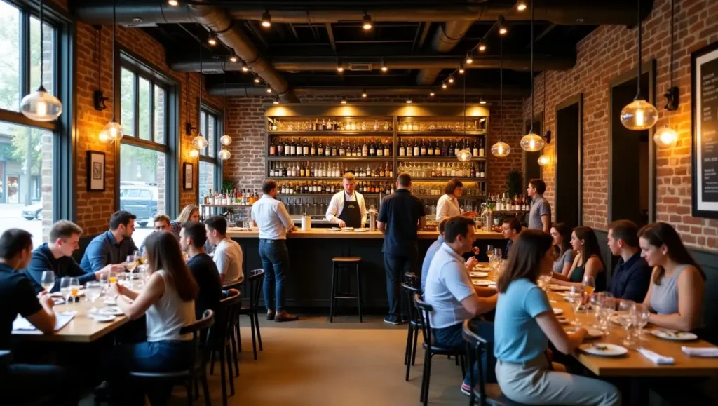 Modern gastropub interior with rustic wooden tables, exposed brick walls, and warm pendant lighting. Guests enjoy upscale comfort food like gourmet burgers and flatbreads, while a stylish bar displays craft beer taps and artisanal spirits. A relaxed yet refined dining atmosphere with photo-realistic detail.