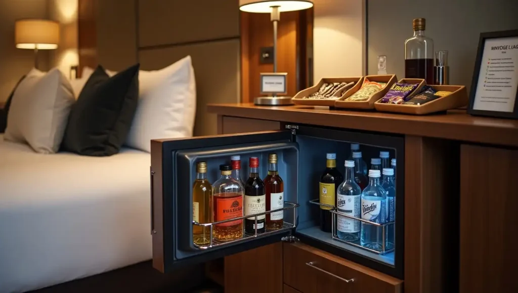 Minibar setup inside a premium hotel room, featuring a mini-fridge stocked with mini liquor bottles, soda, and water, alongside a snack tray with chocolate, chips, and nuts. Integrated into sleek cabinetry with soft ambient lighting. Modern room décor and furnishings reflect comfort and in-room luxury service.