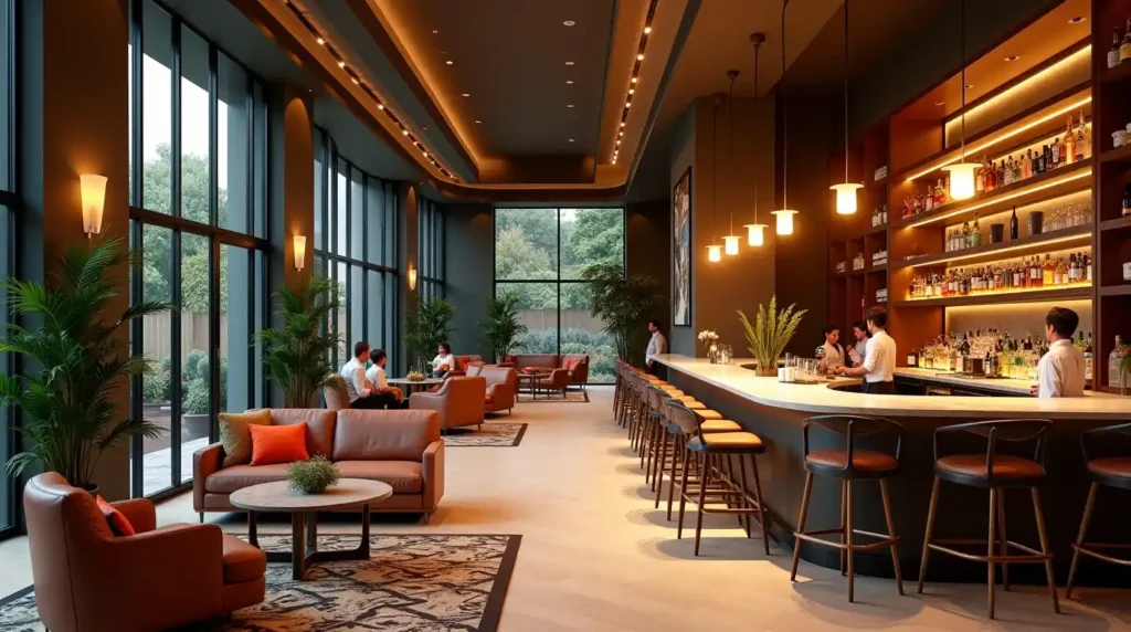 Boutique hotel lobby bar with marble counter, ambient lighting, elegant lounge seating, and tropical plants. Guests casually enjoy cocktails as a bartender prepares drinks. Modern open layout with cinematic lighting, reflecting a vibrant yet relaxed atmosphere in a luxury Portland hotel.