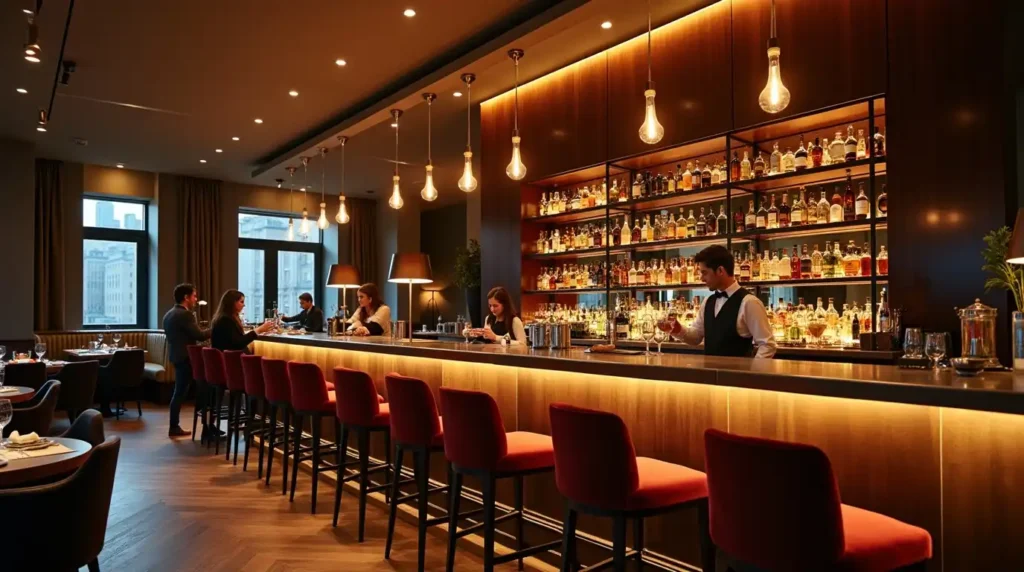 Elegant restaurant bar inside a luxury hotel dining space, featuring a polished bar counter, ambient pendant lighting, and backlit wine and cocktail displays. A bartender prepares drinks as guests enjoy aperitifs. The refined design, warm tones, and cinematic lighting reflect an intimate fine dining atmosphere.