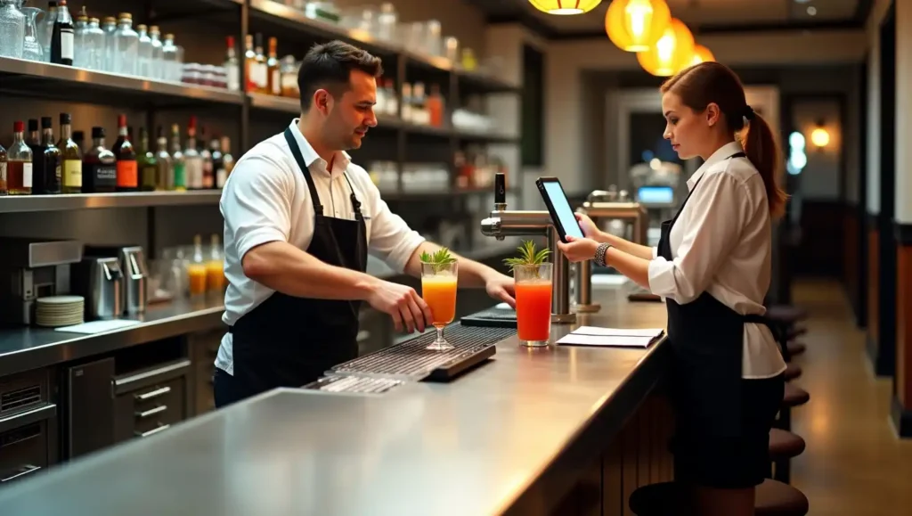 Behind-the-scenes service bar in a hotel or restaurant, featuring stainless steel counters, liquor speed racks, soda guns, and digital order screens. A bartender quickly prepares drinks in a clean, efficient workspace with no guest seating. Photo-realistic style showing the functional core of beverage operations.