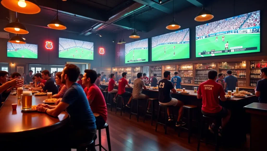 Lively sports bar interior with fans in jerseys watching games on multiple large TVs. Décor includes framed jerseys, team banners, and neon signs. Guests cheer over wings, burgers, and beer pitchers at communal tables. Bartenders and servers keep up with the energetic, game-day crowd. Photo-realistic and immersive.