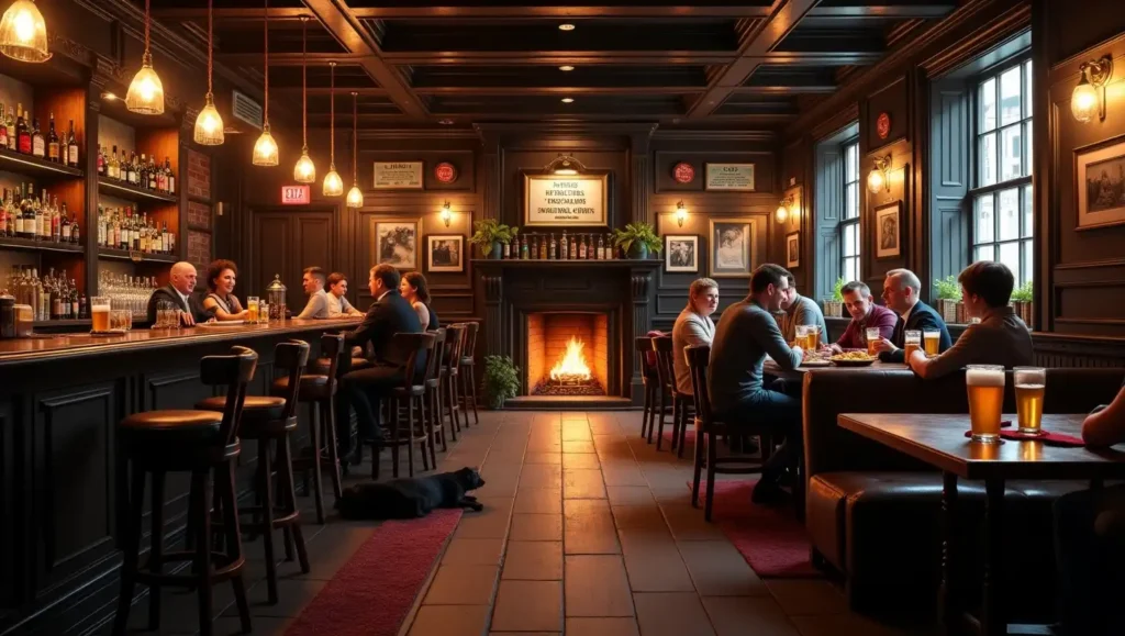 Cozy British or Irish-style pub interior with dark wood furnishings, a polished bar with beer taps, and a glowing fireplace. Patrons enjoy pints and hearty food in a warm, communal setting with vintage décor, framed photos, and brass accents. Photo-realistic, inviting atmosphere reflecting traditional pub charm.