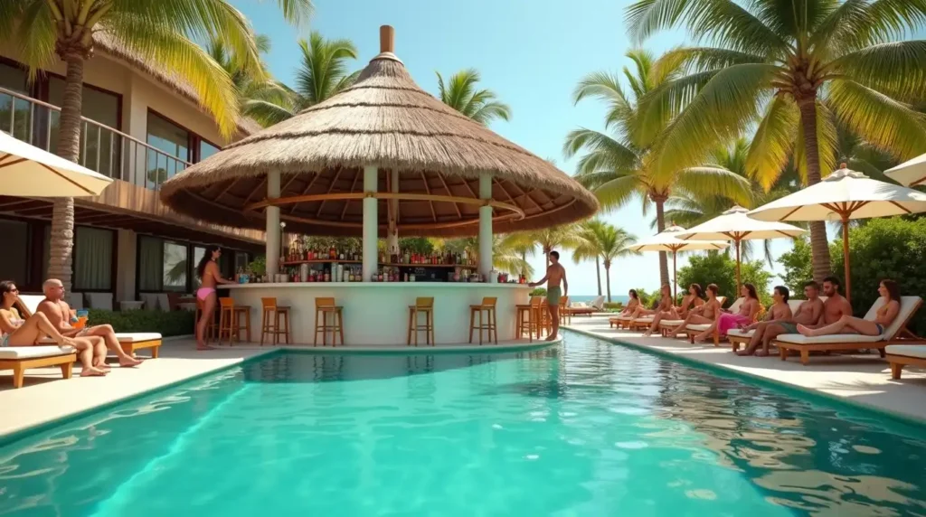 Vibrant poolside bar at a tropical luxury resort, featuring a swim-up counter, submerged stools, and guests enjoying colorful frozen cocktails. Surrounded by palm trees, sunbeds, and private cabanas under sunny skies. Lively, open-air setting with turquoise water and warm, natural lighting.