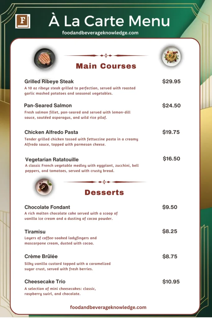 "À La Carte menu example with main courses and desserts, highlighting elegant dish descriptions and pricing for fine dining