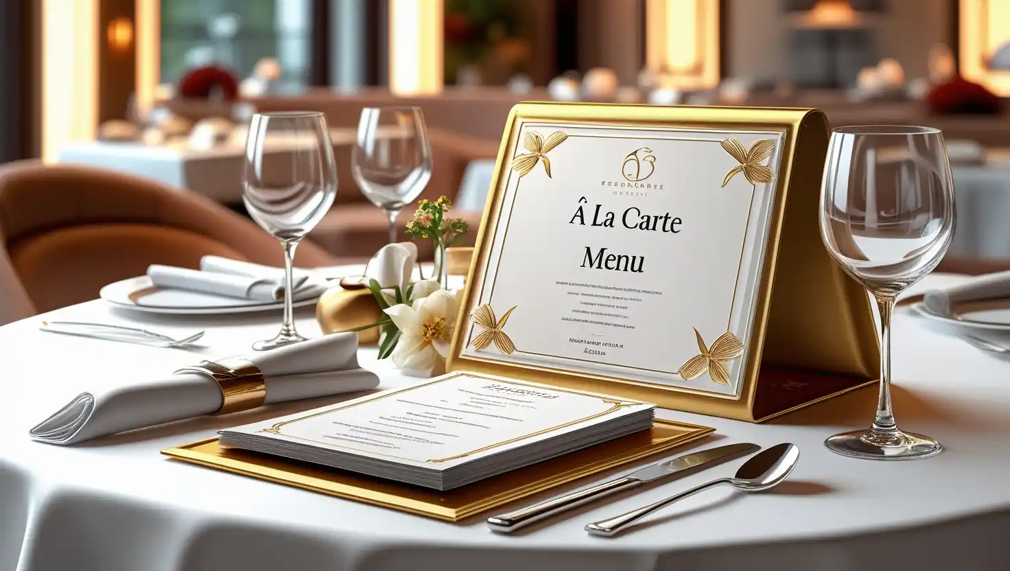 Elegant restaurant table setup with an a la carte menu, polished silverware, wine glass, and fresh flowers, showcasing the characteristics of an a la carte dining experience.