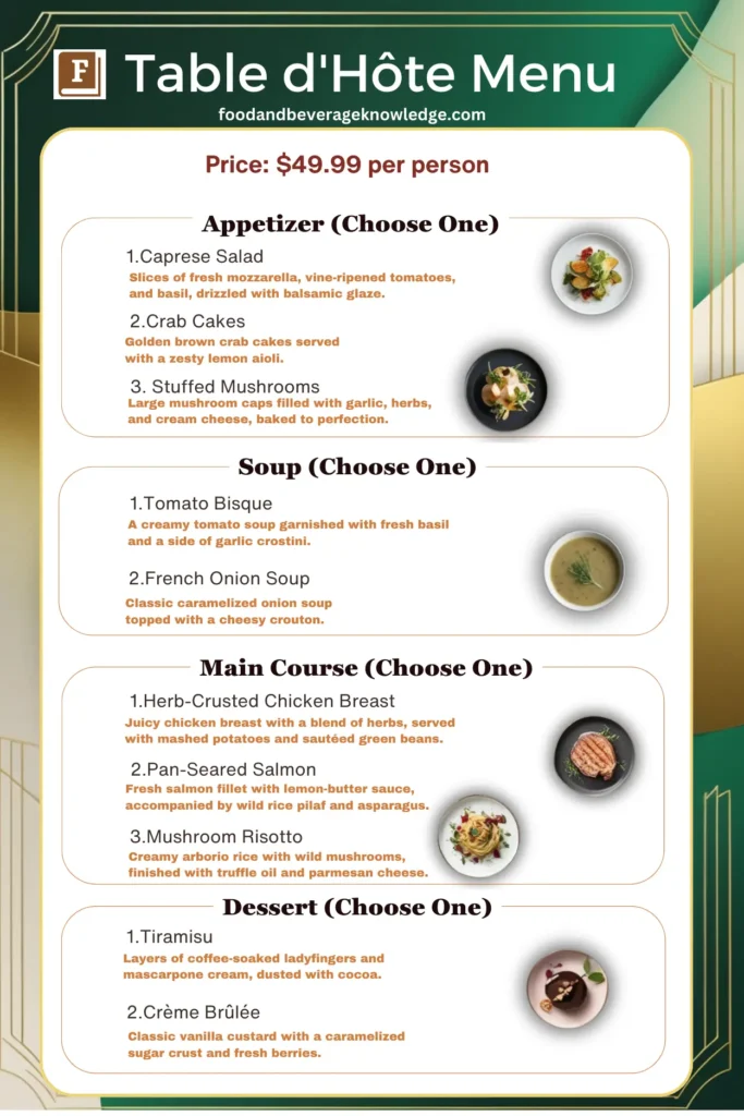 Sample Table d'Hôte menu featuring a pre-set multi-course dining experience, including appetizers, soups, main courses, and desserts, for a fine dining establishment.
