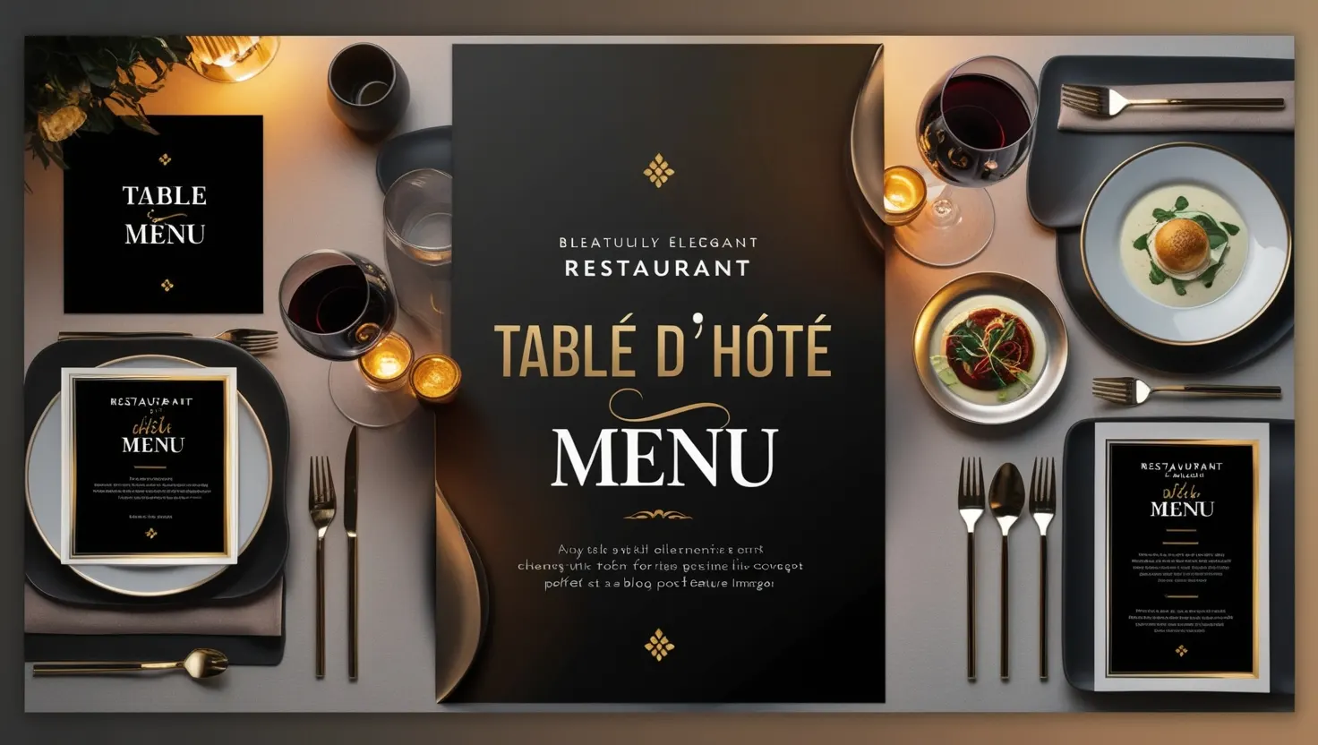 Elegant Table d'Hôte menu concept featuring a sophisticated dining setup with soup, main course, and dessert in a luxurious restaurant setting.