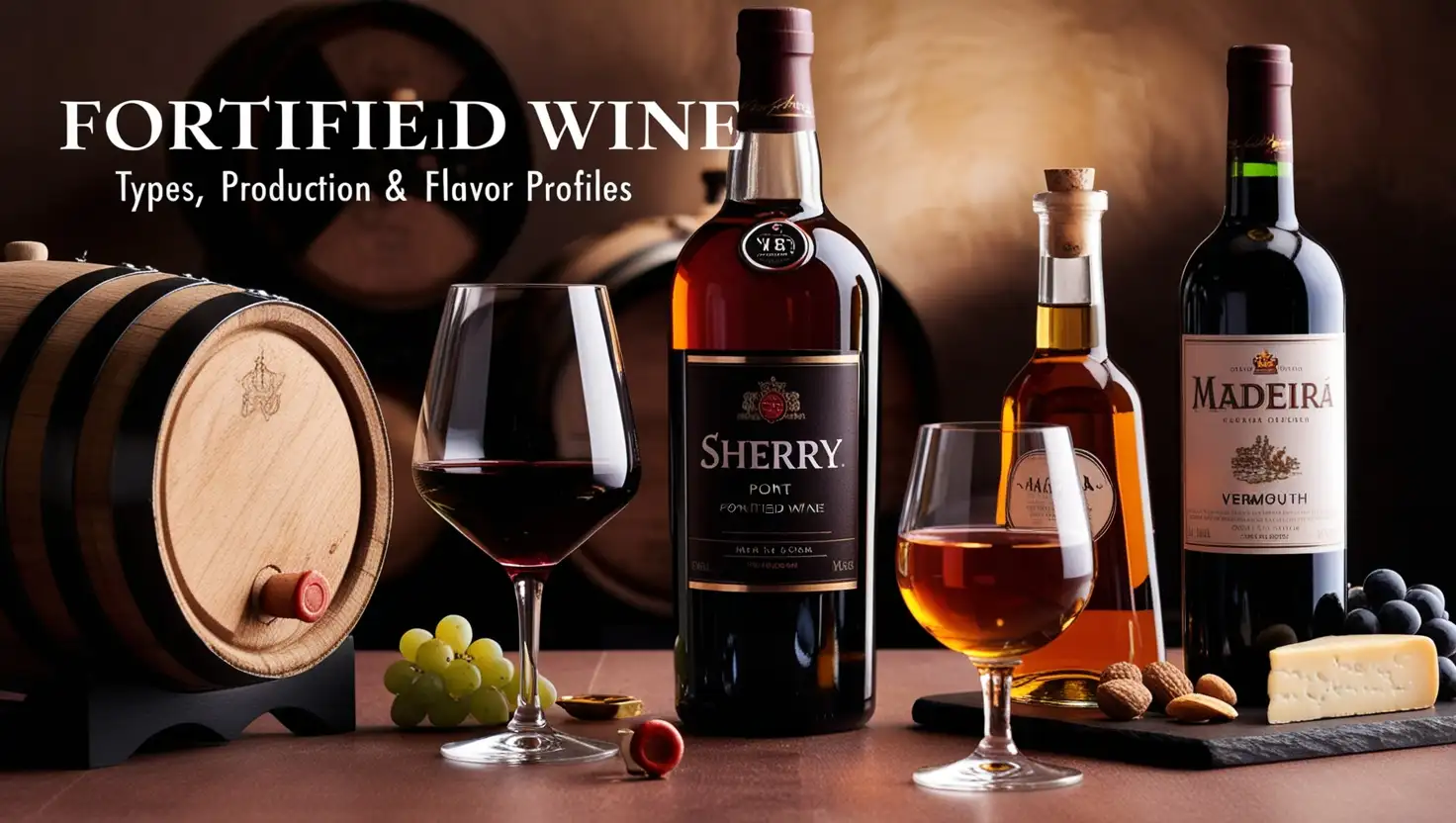 An elegant display of fortified wines, including Port, Sherry, Madeira, and Vermouth, in specialized glassware with a wine barrel and tasting setup.