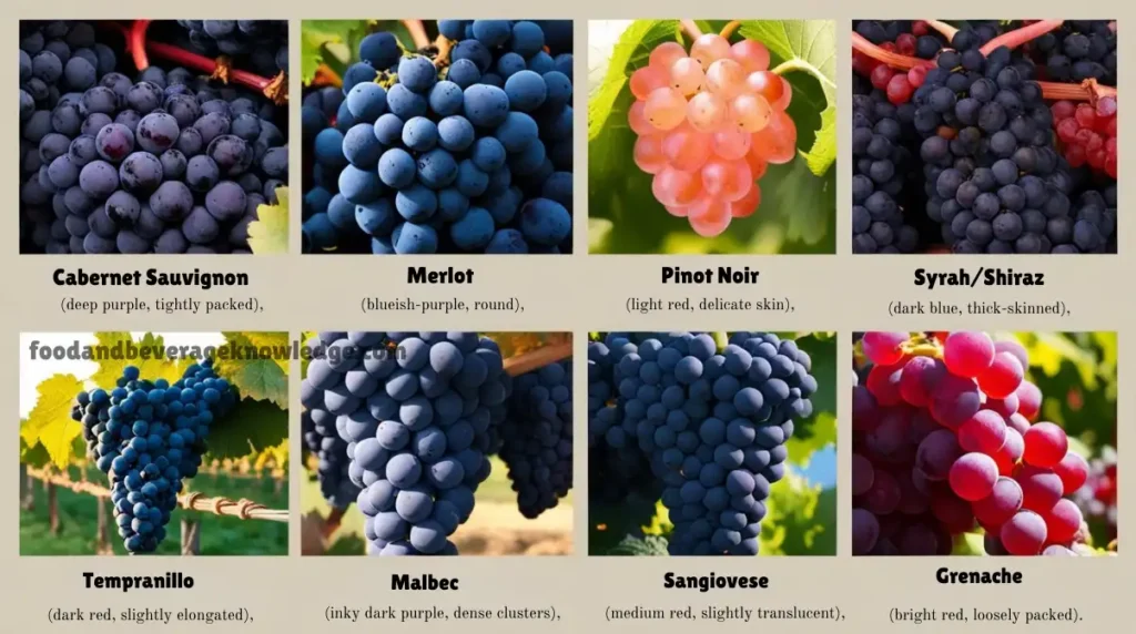 Infographic showcasing 8 red wine grape varieties: Cabernet Sauvignon, Merlot, Pinot Noir, Syrah (Shiraz), Tempranillo, Malbec, Sangiovese, and Grenache. Each variety is displayed with a realistic close-up of grape clusters, labeled with elegant typography, set against a vineyard background with soft natural lighting.