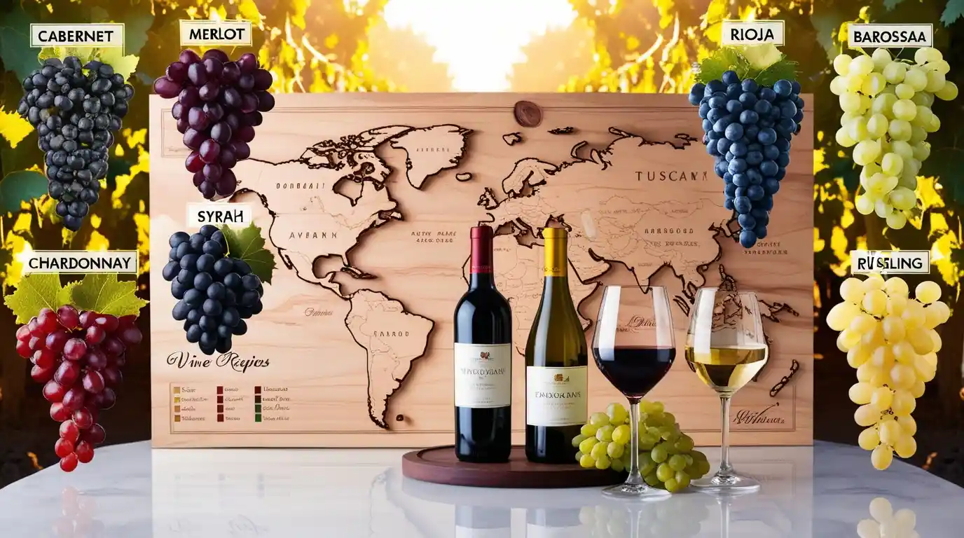 An educational infographic featuring different types of wine grapes, including Cabernet Sauvignon, Merlot, Chardonnay, and Riesling, with their key wine-producing regions such as Bordeaux, Napa Valley, and Barossa Valley.