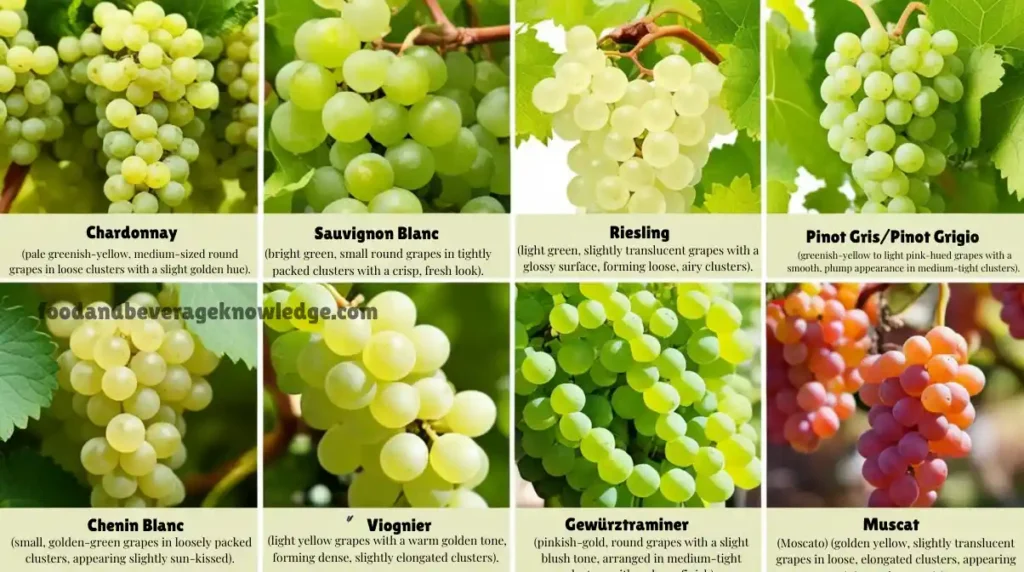 Infographic displaying 8 white wine grape varieties: Chardonnay, Sauvignon Blanc, Riesling, Pinot Gris (Pinot Grigio), Chenin Blanc, Viognier, Gewürztraminer, and Muscat (Moscato), each shown with realistic grape clusters and labels, set against a vineyard background.