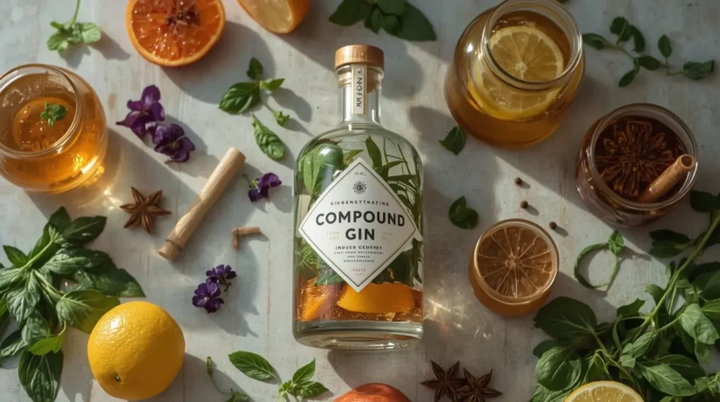 Compound Gin bottle surrounded by fresh botanicals, herbs, fruits, and spices being infused in a glass jar, highlighting the artisanal infusion production method