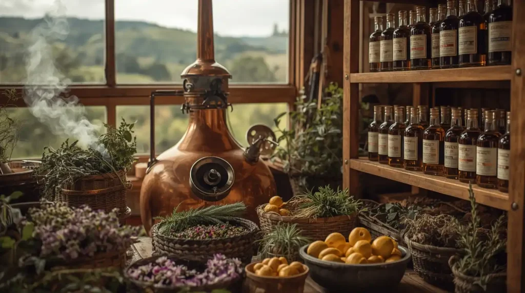 Craft and experimental gins represented by a small copper still with local botanicals and artisanal bottles, highlighting terroir and innovation.