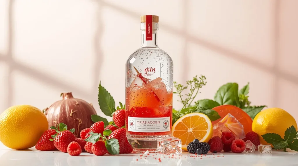 Flavored and infused gin bottle surrounded by colorful fruits like strawberries, raspberries, citrus, and fresh herbs, highlighting its vibrant and infused flavors