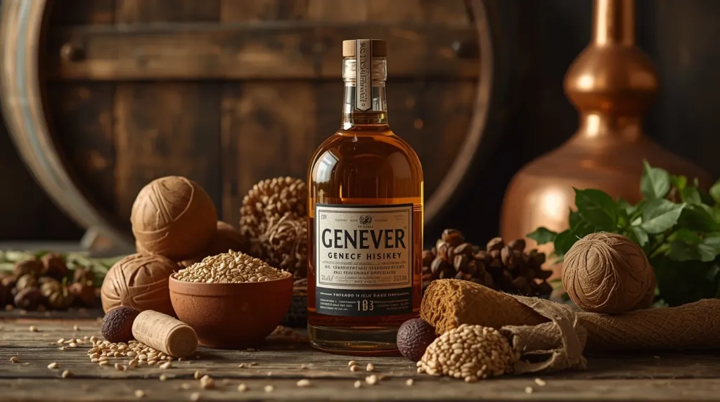 Genever in a short round jug surrounded by malted grains, juniper berries, and botanicals, with a wooden cask and copper pot still in the background, highlighting traditional Dutch distillation