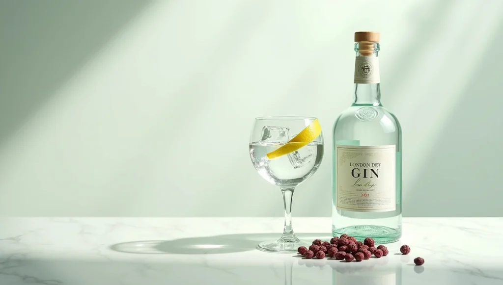 London Dry Gin bottle with a glass of gin on ice, garnished with a lemon twist, surrounded by juniper berries on a clean, elegant background