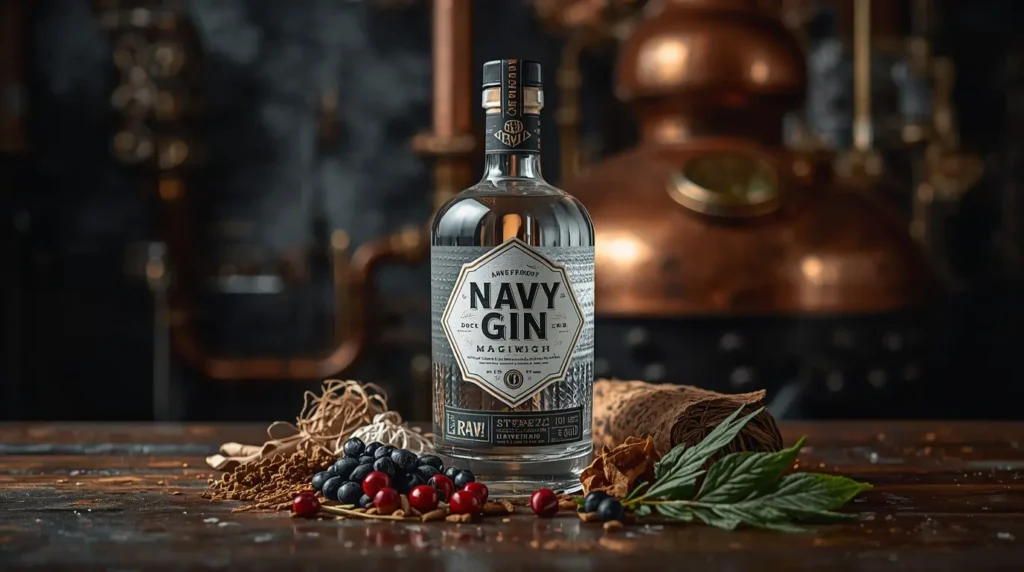 Navy Strength Gin bottle surrounded by juniper berries, angelica root, and other botanicals, with a copper pot still in the background, showcasing the high-proof distillation process