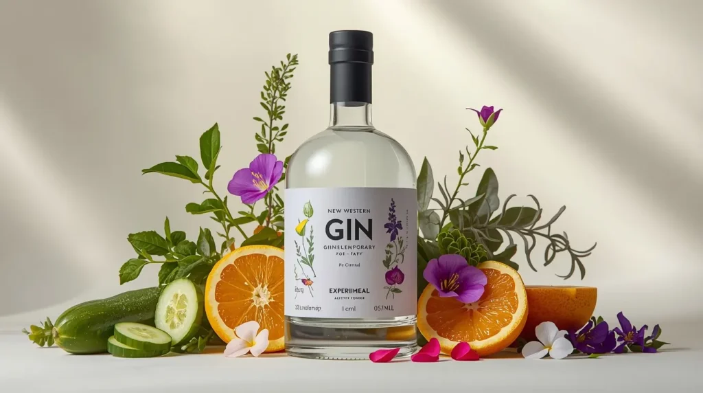 New Western Contemporary Gin bottle surrounded by fresh botanicals like cucumber slices, edible flowers, citrus peels, and herbs, highlighting its modern and experimental style