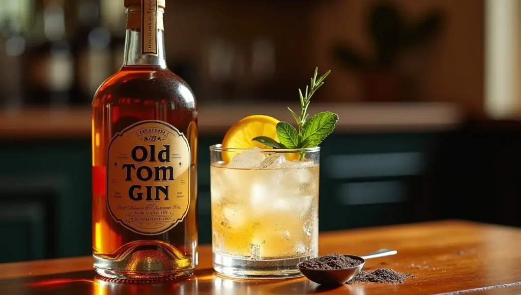 Old Tom Gin bottle next to a Tom Collins cocktail glass with ice, lemon wheel, and fresh herbs, with sugar and licorice root nearby on a warm, elegant background