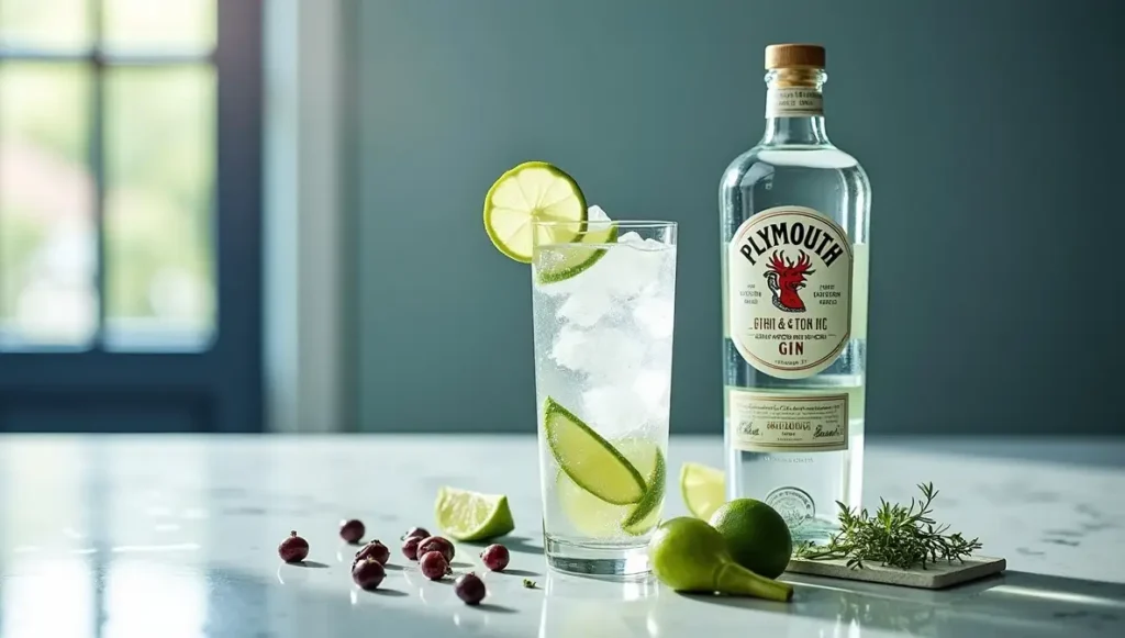 Plymouth Gin bottle with a gin and tonic served in a tall glass over ice, garnished with a lime wedge, with juniper berries and herbs on a clean elegant background