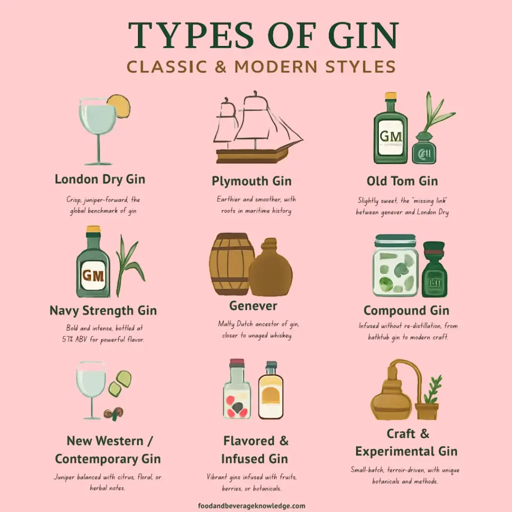 Infographic showing the main types of gin, including London Dry, Plymouth, Old Tom, Navy Strength, Genever, Compound, Contemporary, Flavored & Infused, and Craft Gins, with icons and short descriptions of each style.