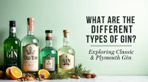 Three types of gin bottles – London Dry, Old Tom, and Plymouth – surrounded by botanicals with the title What Are the Different Types of Gin? Exploring Classic and Modern Styles