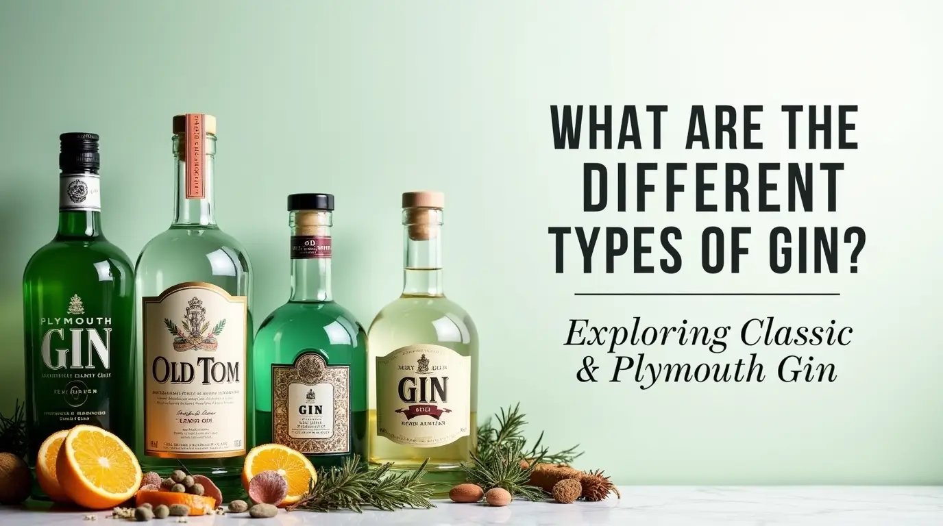 Three types of gin bottles – London Dry, Old Tom, and Plymouth – surrounded by botanicals with the title What Are the Different Types of Gin? Exploring Classic and Modern Styles