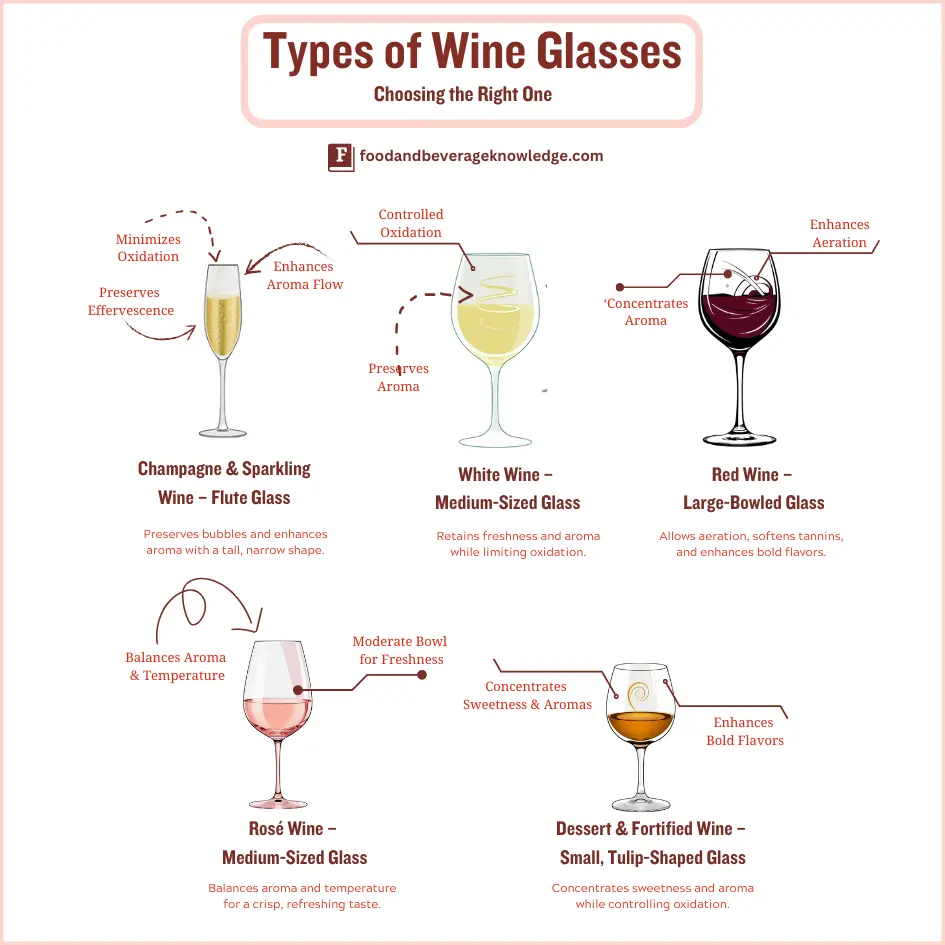 Infographic showing different types of wine glasses and their ideal wine pairings.