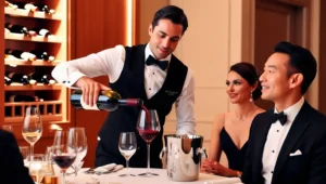 A professional sommelier serving red wine to a guest in a fine-dining restaurant, demonstrating proper wine service techniques.