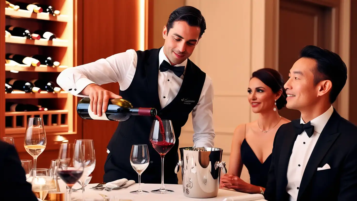 A professional sommelier serving red wine to a guest in a fine-dining restaurant, demonstrating proper wine service techniques.