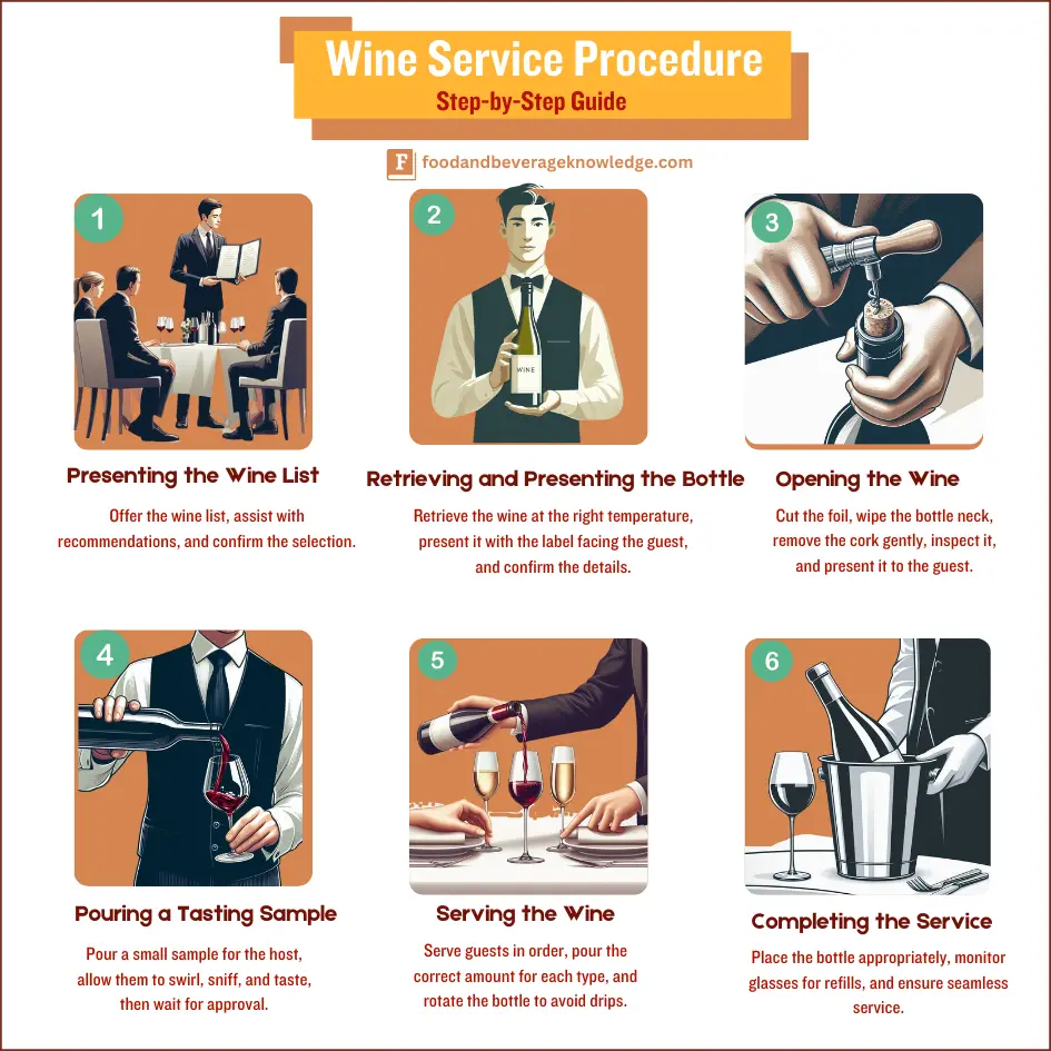 infographic showing Professional wine service steps from presenting the list to completing service.