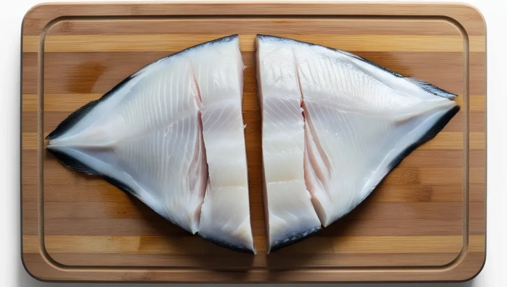 Butterfly fillet of fish on a chopping board, cut symmetrically and ready for cooking.