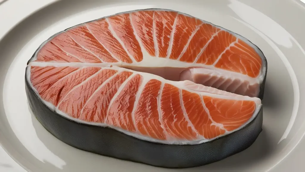 Round fish darne steak on a plate, showing the central bone and fresh texture.