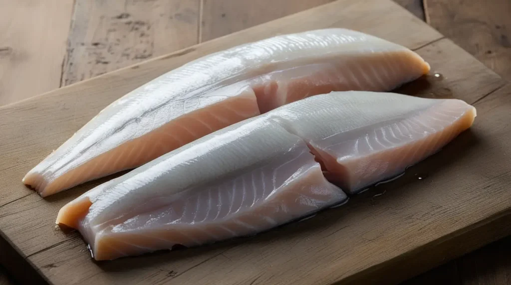 Fresh fish fillet on a chopping board, skinless and boneless, with clean edges ready for cooking.